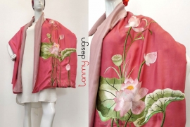Pink silk scarf hand-embroidered with lotus 60*200 cm